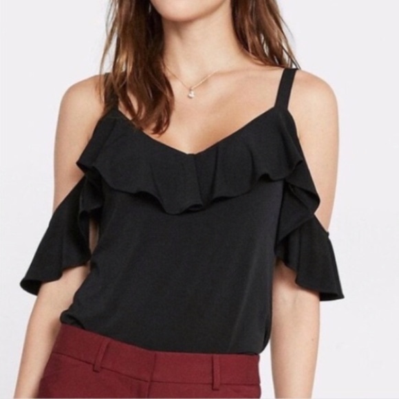 Express Tops - Express Black Knit Cold Shoulder Flounce Tank Top